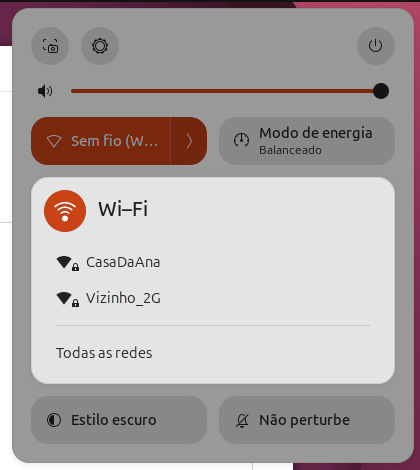 Menu do sistema do GNOME com a seção Wi-Fi aberta, listando as redes CasaDaAna e Vizinho_2G, com cadeado, e a opção Todas as redes