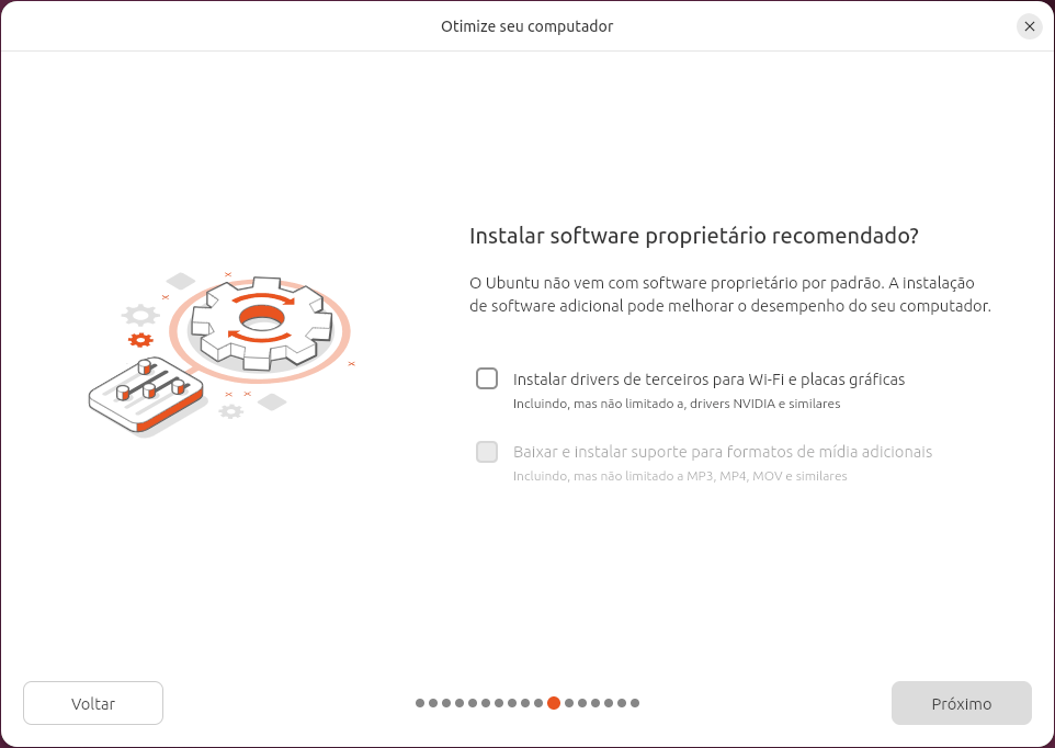 A mesma tela sem internet: a caixa Instalar drivers de terceiros para Wi-Fi e placas gráficas continua disponível, e a caixa Baixar e instalar suporte para formatos de mídia adicionais fica cinza
