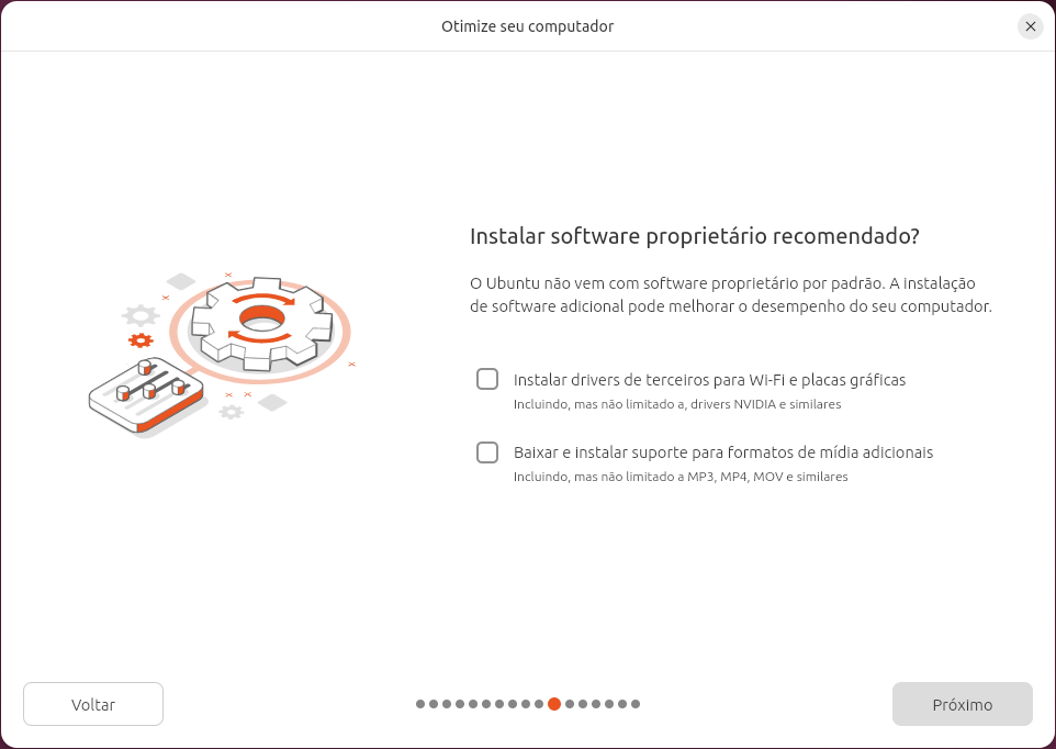 Instalador, tela Otimize seu computador: Instalar software proprietário recomendado? Caixas Instalar drivers de terceiros para Wi-Fi e placas gráficas, e Baixar e instalar suporte para formatos de mídia adicionais, as duas disponíveis