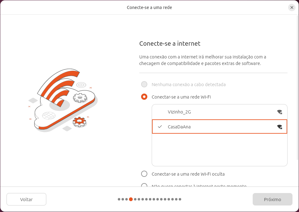 Instalador com CasaDaAna marcada com um sinal de visto na lista de redes Wi-Fi e o botão Próximo