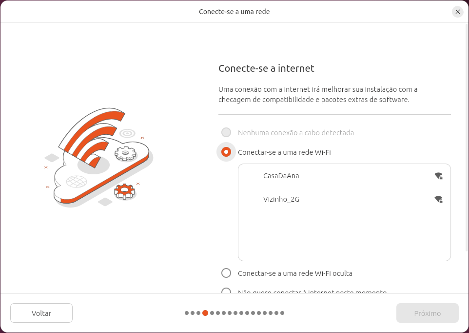 Instalador do Ubuntu com Conectar-se a uma rede Wi-Fi marcado e a lista de redes CasaDaAna e Vizinho_2G, cada uma com ícone de sinal e cadeado