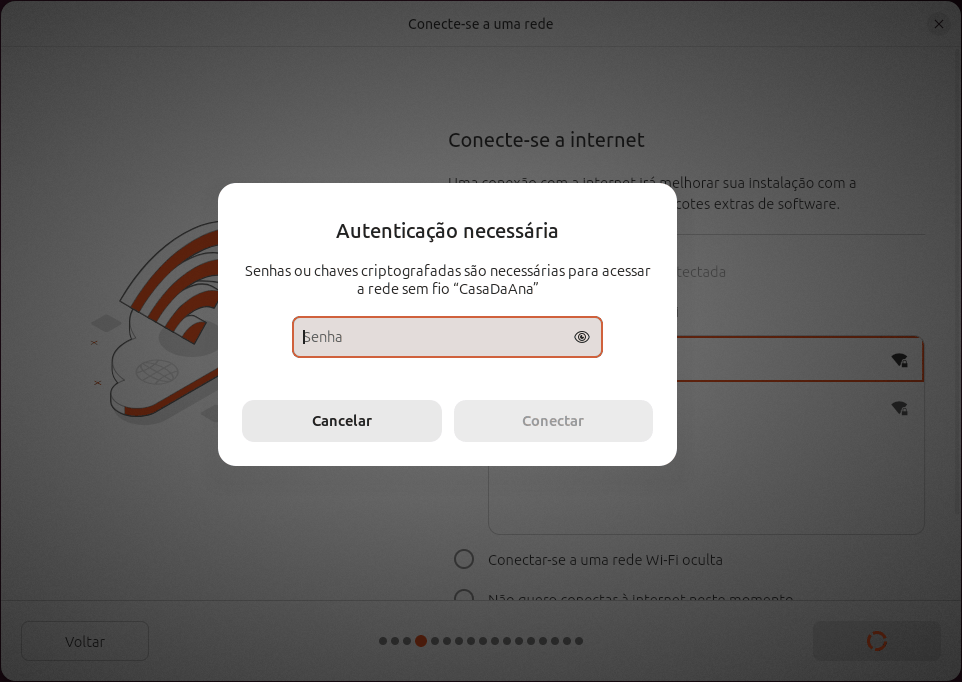 Janela Autenticação necessária sobre o instalador: Senhas ou chaves criptografadas são necessárias para acessar a rede sem fio CasaDaAna, campo Senha, botões Cancelar e Conectar