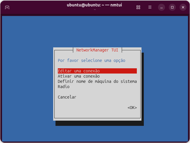 Terminal com o nmtui aberto: NetworkManager TUI, Por favor selecione uma opção: Editar uma conexão, Ativar uma conexão, Definir nome de máquina do sistema, Radio, Cancelar, OK